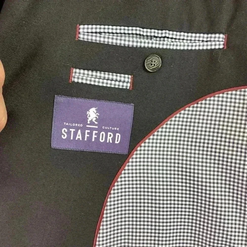 Stafford Blazer Sport Coat Men 46L Black Classic 2 Button Wool Crest Buttons